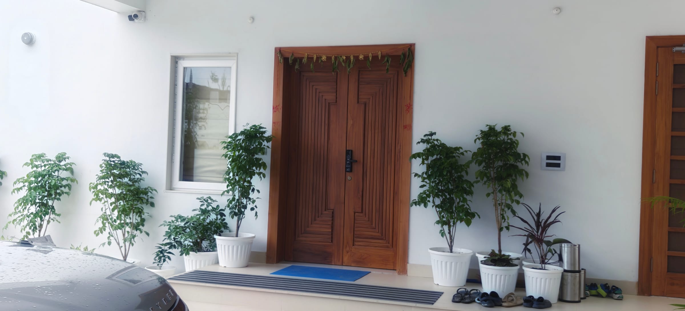 The teak entrance door framed by plants